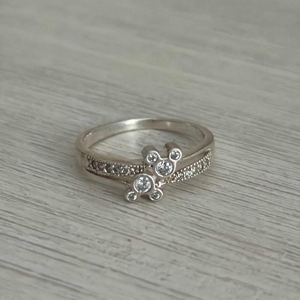 Vintage Disney Parks Sterling Silver Double Mickey Ring with Clear Pavé Stones